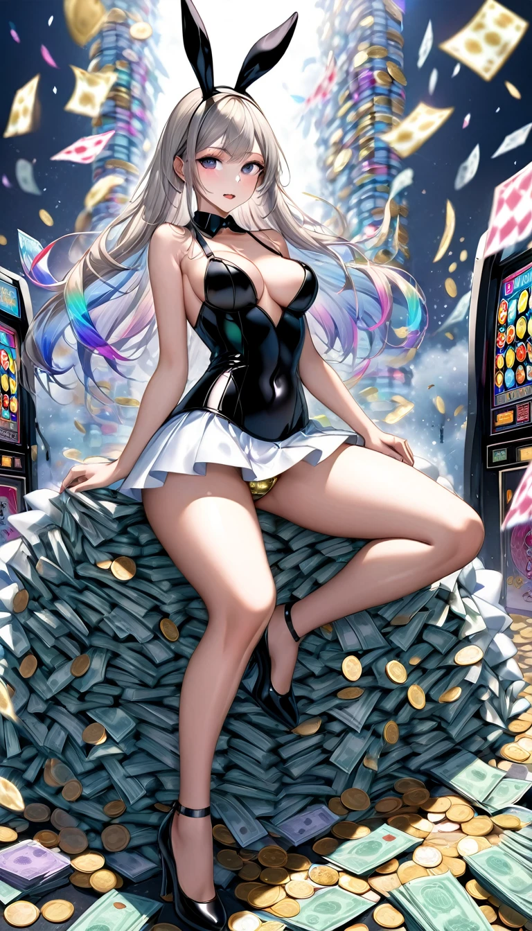 intelligent beauty, messy half-up-hair, make-up, amorous and cool face, superlative body proportion, wearing iridescent playboy-bunny uniform, heaven, paradise, four coil towers stretching infinitely, a large slot machine, huge pile of bills on the ground, huge amount of coins falling endlessly, shading effects, gradation magic effects, foggy filter effects, glitter effects, (ultra detailed, absolutely resolution, best quality:1.3), 2.5D, delicate and dynamic, graphic CG digital fantasy art, tarot card style artwork
