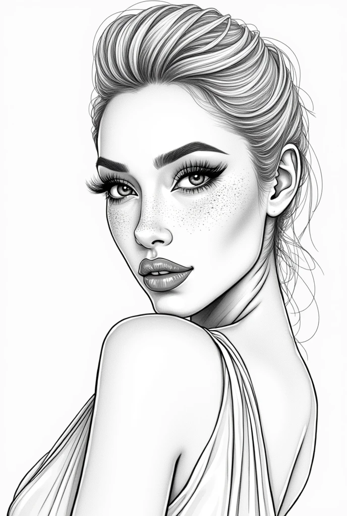 Masterpiece, Best Quality, High Resolution,Super High Resolution, Ultra realistic, Line art, fine lines bold coloring book of fashion model, extremely gorgeous, heart face, bold look, Stunning beauty, wide hips, full lips, slim thick figure, small waist, small bust, freckles 0.1, beauty marks, super model, confident an alluring beautiful ethnic woman, a curvy body, slanted eyes, (realistic:1.3), hyper detailed, photorealistic, line art portrait, masterpiece, natural lighting, cinematic composition, hyper intricate details, hyper detailed, photorealistic, portrait, masterpiece, Afro, maxi dress (no breast showing)