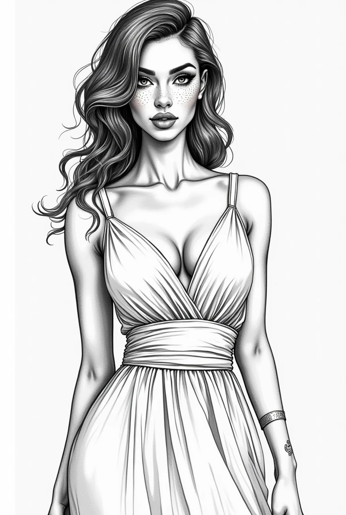 Masterpiece, Best Quality, High Resolution,Super High Resolution, Ultra realistic, Line art, fine lines bold coloring book of fashion model, extremely gorgeous, heart face, bold look, Stunning beauty, wide hips, full lips, slim thick figure, small waist, small bust, freckles 0.1, beauty marks, super model, confident an alluring beautiful ethnic woman, a curvy body, slanted eyes, (realistic:1.3), hyper detailed, photorealistic, line art portrait, masterpiece, natural lighting, cinematic composition, hyper intricate details, hyper detailed, photorealistic, portrait, masterpiece, Afro, maxi dress (no breast showing)