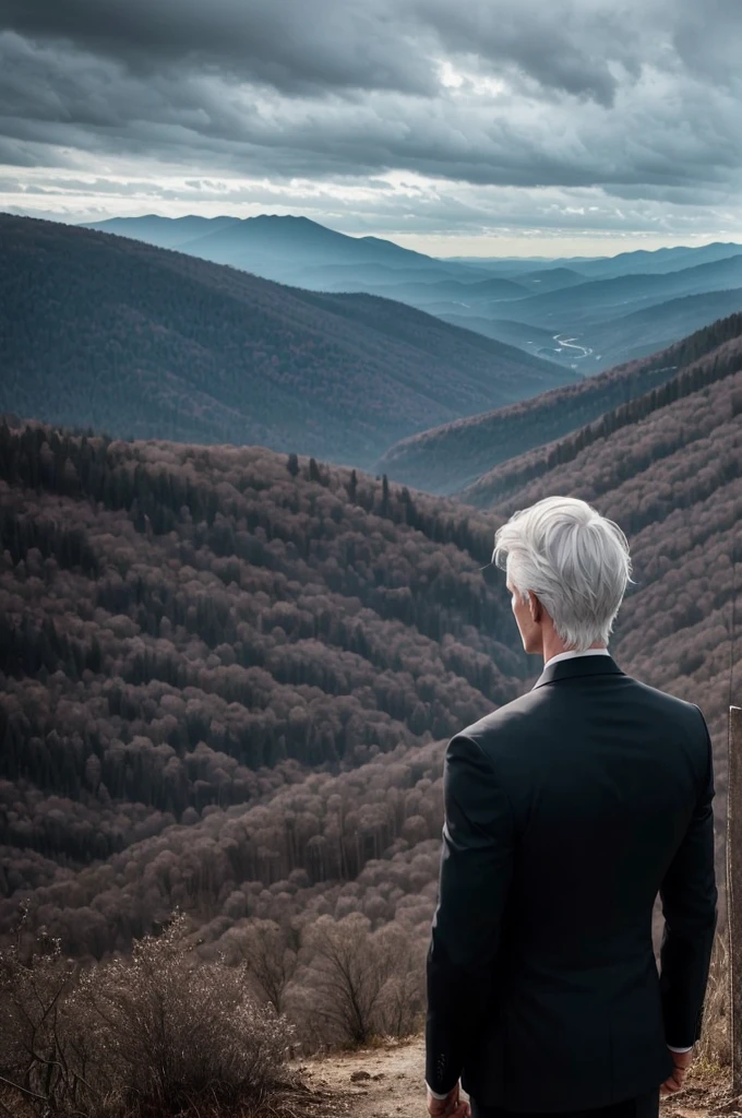 A serious-looking, slightly built, white-haired, blue-eyed man in a black suit, his hair tied back, his hands clasped behind his back, watching the view from a hill, his whole body visible. There is a weathered forest in the background. It's a dark environment, the view is distant. .