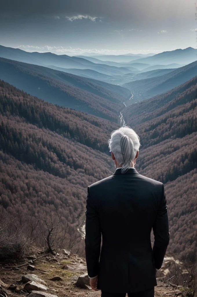 A serious-looking, slightly built, white-haired, blue-eyed man in a black suit, his hair tied back, his hands clasped behind his back, watching the view from a hill, his whole body visible. There is a weathered forest in the background. It's a dark environment, the view is distant. .