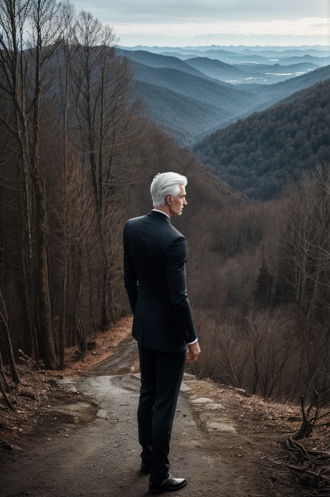 A serious-looking, slightly built, white-haired, blue-eyed man in a black suit, his hair tied back, his hands clasped behind his back, watching the view from a hill, his whole body visible. There is a weathered forest in the background. It's a dark environment, the view is distant. .