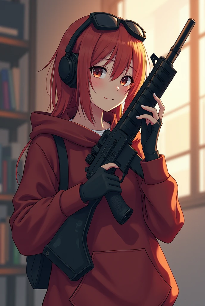 woman in baggy clothes WITH A GUN NEAR HER FACE anime gamer