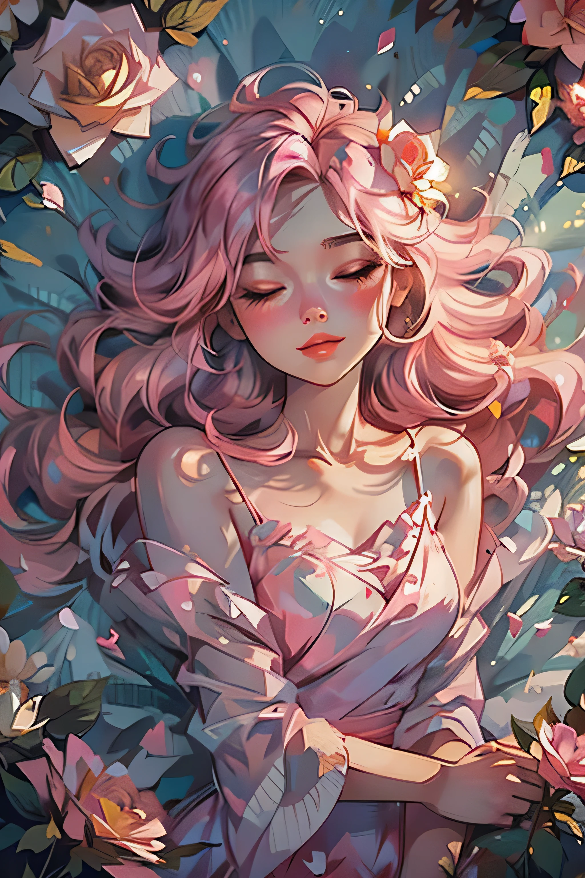 Shui 001,One girl, alone, flower, dress, Blonde, close your eyes, pink flower, Rose, Lie in, white dress, pink Rose, behind, lips, compensate, No sleeve, flower柄プリント