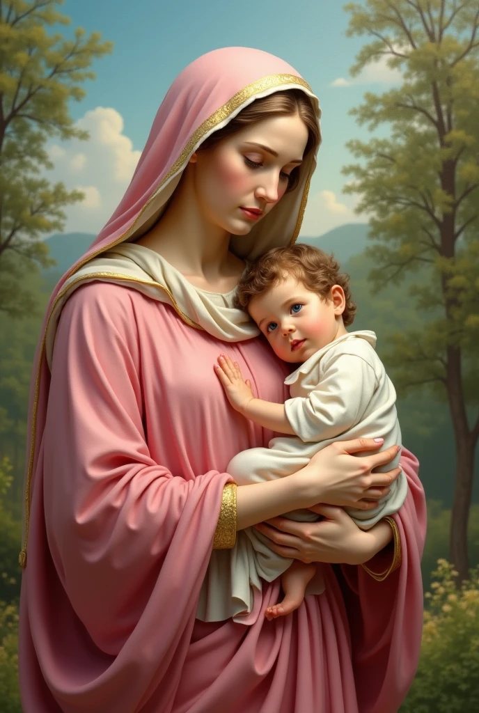 Perfect hand 5 finger, Portrait of a beautiful virgin mary and Jesus Christ. wearing pink clothes shining the light from her head and heart all over in the garden of Eden, virgin mary and baby Jesus Christ, real blue eyes, sunny day, intricate details.real virgin mary and baby Jesus Christ, straight head face, Straight body.Prayer virgin mary and baby Jesus Christ, perfect full body, perfect hands finger,Prayer virgin mary and baby Jesus Christ, praying virgin mary and baby Jesus Christ backgrounds natural photographic