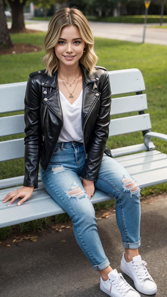 Super Resolution、Beautiful Russian Women、Full body photo、sitting on a park bench、Short Haircut、Blonde Hair、Wavy Hair、Ear piercing、necklace、leather jacket、shirt、Skinny jeans、sneakers、smile、Beautiful teeth alignment
