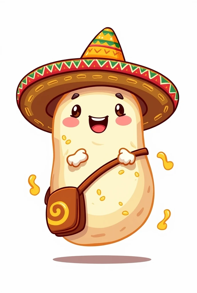 Logo of a white arepa with Colombian cheese, cartoon style, with a hat and a carriel, happy, all on white background 