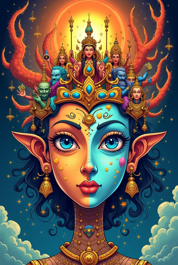 All world gods in single cartoon face
