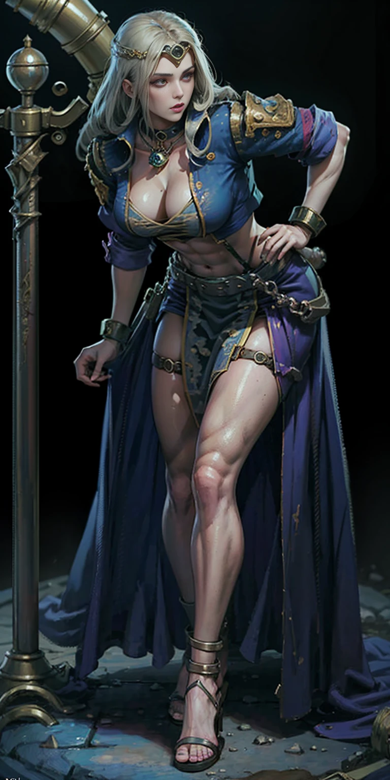 full body toe to head, masterpiece, 1soloMILF BIMBO standing loincloth pose hands on hips, leather collar choker neck bell shackles wristbands bracers bracelets sleeves and stockings, strong body, abs, shiny skin (masterpiece, best quality) 1girlsolo wearing 40K Warhammer sisters of battle whsororitas (plain background) (Cassia Orsellio (WH40K Rogue Trader))
