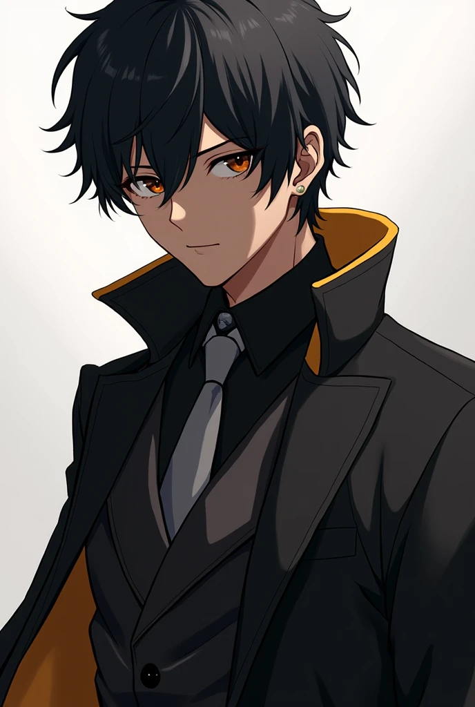 male character, dark haired,black overcoat, yellow details, Black suit with gray tie, dark skin tone, 19yearsold, anime styling