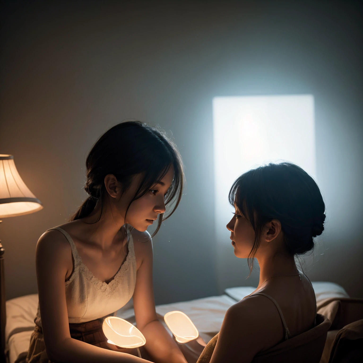 A dimly lit room with a woman sitting alone, her face partially illuminated by the soft glow of her smartphone screen. She is absorbed in the device, with her profile slightly visible. The surrounding darkness and the gentle light from the screen create a sense of intimacy and privacy.」