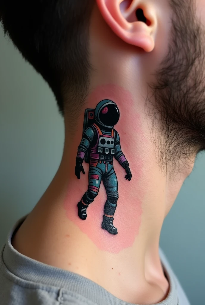 Please I would like unique and creative ideas for simplified astronaut tattoo designs with geometric shapes, tattoo on the side of the neck, retro synthwave style, astronaut floating in the universe