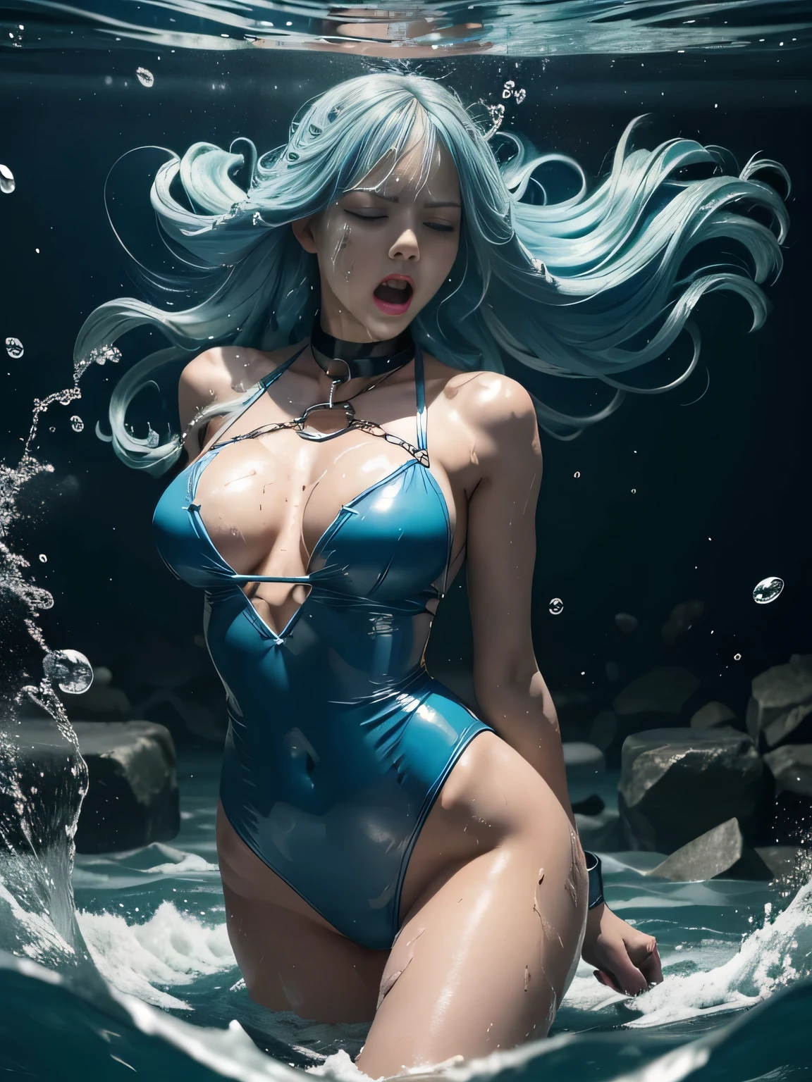 superheroine, long long gorgeous light blue hair, slender body, latex (many chains wrapped around body, tighten up, leotard, blue and white costume, chained, collared, cuffed, captured, shibari, static restrained, (arms behind back), (crushed), over dark water, (heavy water), dark undersea distorted, water be raging, waterhits like bullet, ((attacked by water bomb1.5)), cruelly, (painful), helpless, ((screaming in pain)), eyes closed, holding on, crouching, gritting teeth, squirming, suffering,((body distorted)), ((body thrown away)), ((body blown away)), ((body into dogleg shape 1.5)), ((body turned)), cannot stand, (lying face up), hair swaying in water, in deepsea