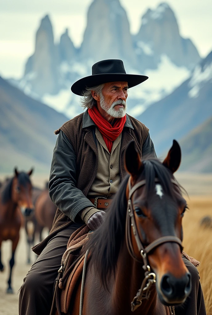 Horizontal profile image of a full-length old Gaucho with a black beret on his head and a red scarf around his neck riding his horse accompanied by wild horses in Torre del Paine