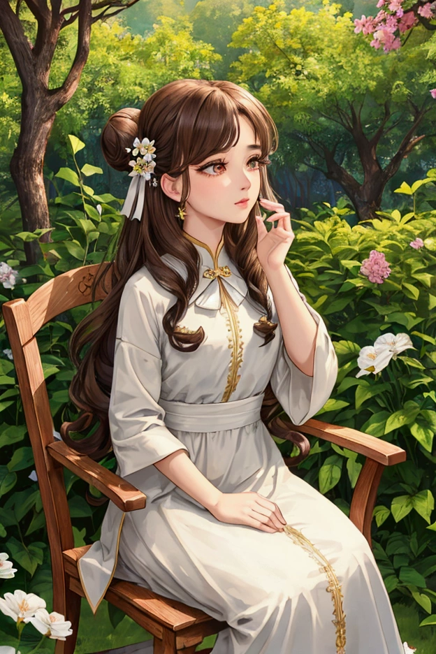 (Best quality, 8k, CG), upper body detail, lonely girl, forest flower background, complex facial expression, elegant long curly hair, big almond shaped eyes, detailed eye makeup, Long eyelashes, twinkling stars, delicate lip detail, phong cách nhẹ nhàng và hài hòa A beautiful 25 year old girl with brown eyes, high nose, small lips, hair in a bow, hair in a bun, sitting on a chair looking up at the sky in a flower garden.
