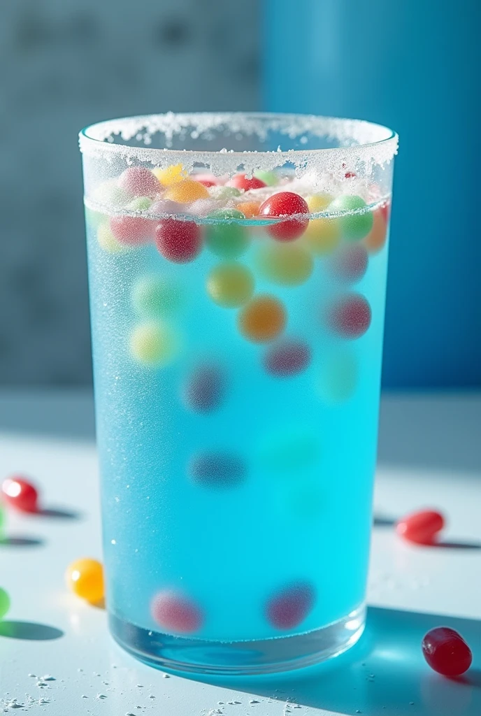 A drink in a 32 oz blue glass and the glass is frosted with blue powder on the rim and with jelly beans