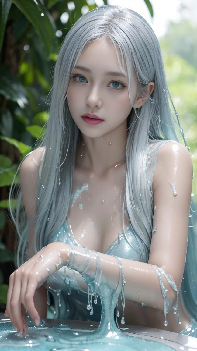 (High resolution,Tabletop:1.2),Very detailed,(Realistic:1.37),Portraiture,Full Body Shot、Slime Girl、Covered in silver slime, (Partially transparent), (Wet), Silvery liquid dripping from the body. Her hair is also Covered in silver slime. Blue and green slime scattered, Blonde, blue eyes、Very cute face、Random Pause、I can't stand it
