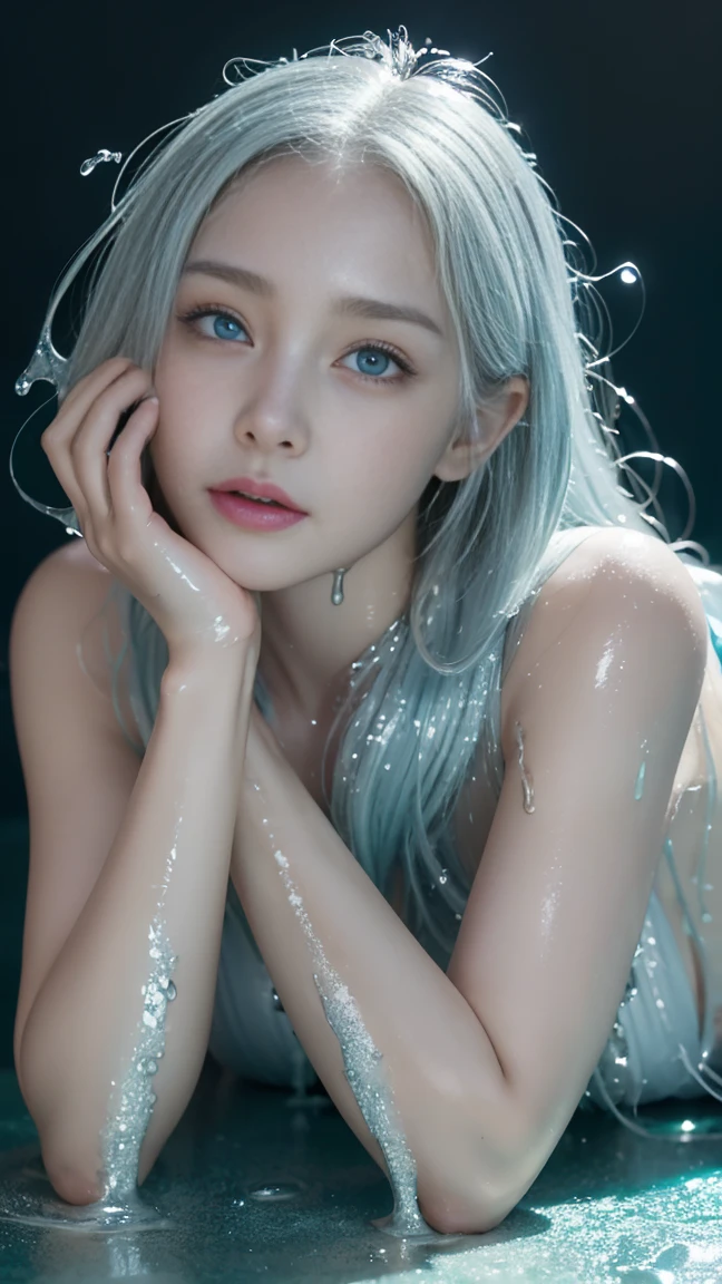 (High resolution,Tabletop:1.2),Very detailed,(Realistic:1.37),Portraiture,Full Body Shot、Slime Girl、Covered in silver slime, (Partially transparent), (Wet), Silvery liquid dripping from the body. Her hair is also Covered in silver slime. Blue and green slime scattered, Blonde, blue eyes、Very cute face、Random Pause、I can't stand it