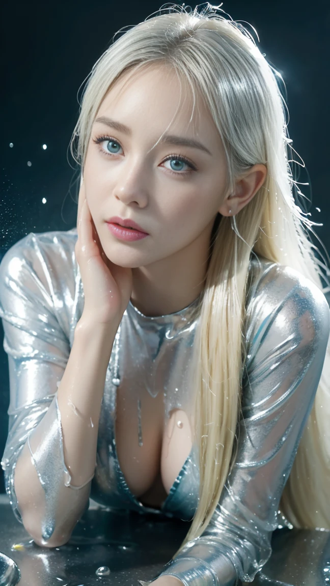 (High resolution,Tabletop:1.2),Very detailed,(Realistic:1.37),Portraiture,Full Body Shot、Slime Girl、Covered in silver slime, (Partially transparent), (Wet), Silvery liquid dripping from the body. Her hair is also Covered in silver slime. Blue and green slime tered, Blonde, blue eyes、Very cute face、Random Pause、I can't stand it