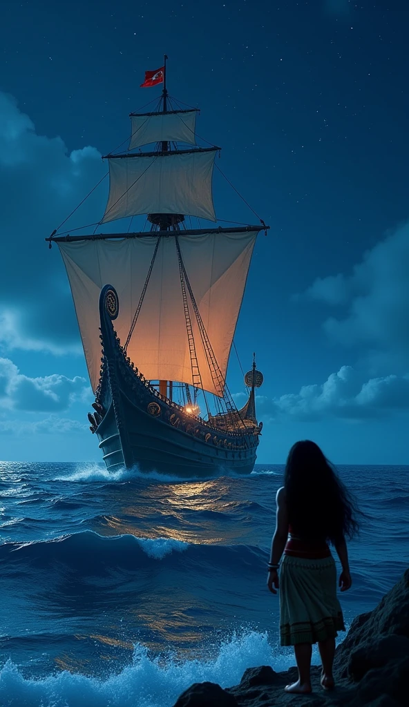 Moana's background on her ancestors' big ship in the sea with waves moving, at night, With Moana very close to the bottom right corner, with the rear perspective and with the starry sky and a little more realistic