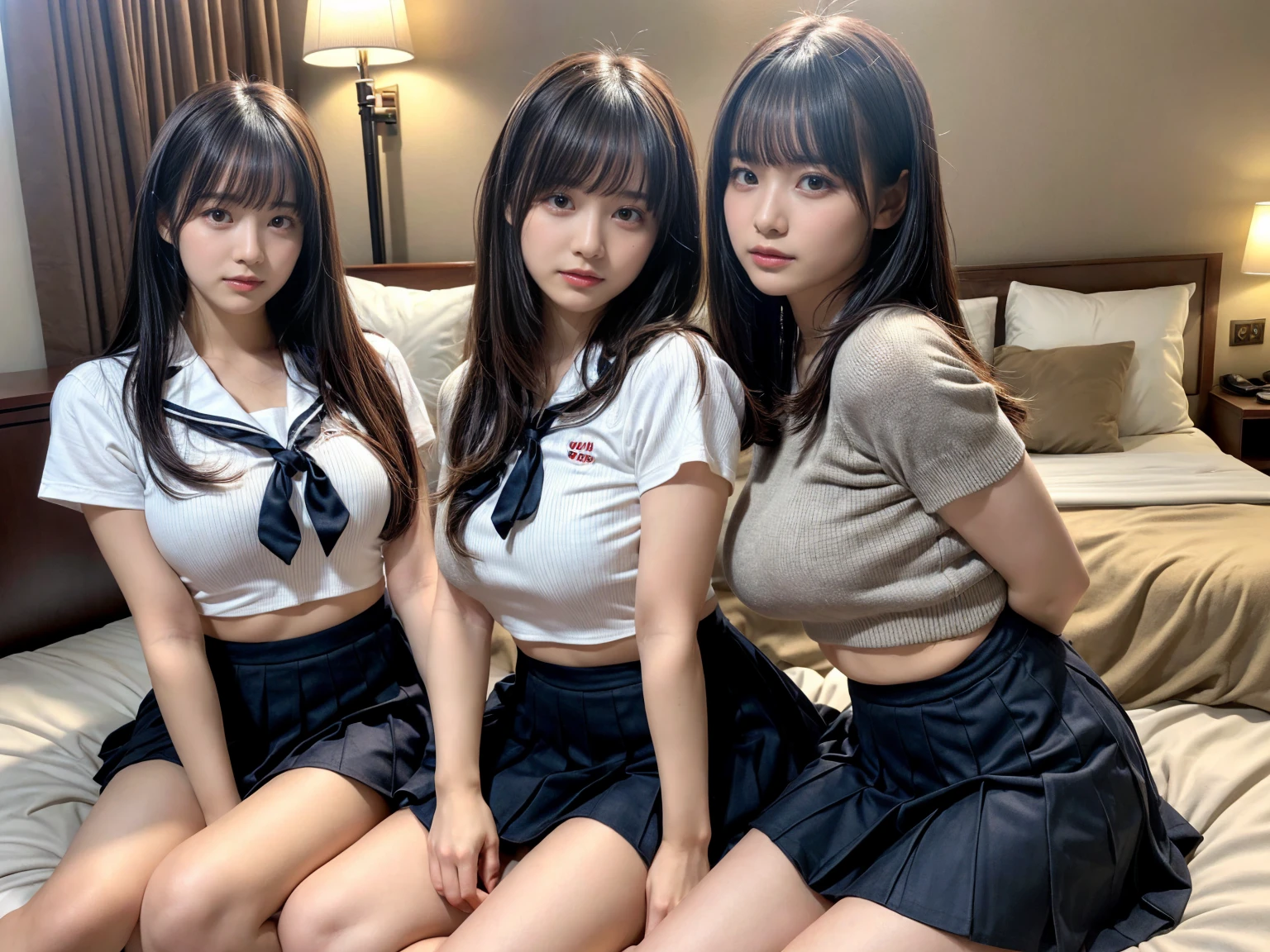 masterpiece, best quality, illustration, Super detailed, fine details, High resolution, 8K,wall paper, perfect dynamic composition,(Details High quality, realistic depiction of eyes:1.3), (3 girls), Black Sailor Uniform, serafuku, Navy pleated skirt, sitting, open legs, short bob hair, in a hotel room in the background, deep on field, large breasts, black hair color, Big Natural Color Lip, (perfect body shape), crying a little、Harajuku style、20 year old girl、cute type、beautiful legs, Gravure Idol