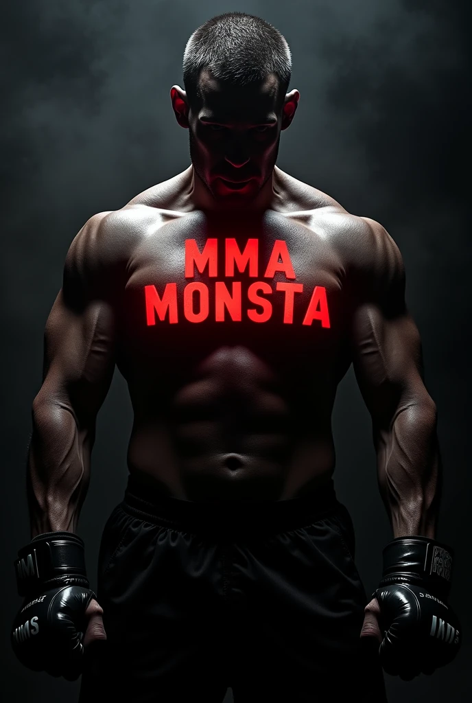 a dark shadow figure of a muscular handsome MMA fighter with the words "MMA monsta" written visibly right in front of his chest please use a bright color for the words and a badass font
