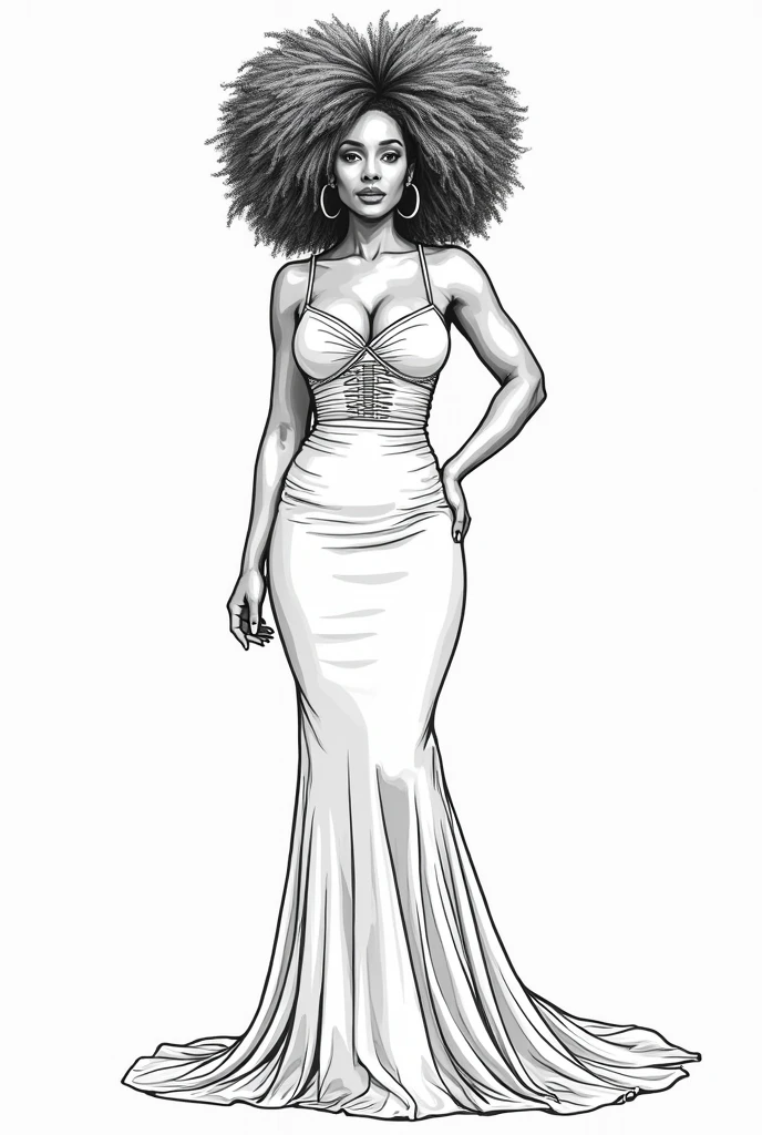 Masterpiece, Best Quality, High Resolution,Super High Resolution, Ultra realistic, Line art, fine lines bold coloring book of fashion model, extremely gorgeous, heart face, bold look, Stunning beauty, wide hips, full lips, slim thick figure, small waist, small bust, freckles 0.1, beauty marks, super model, confident an alluring beautiful ethnic woman, a curvy body, slanted eyes, (realistic:1.3), hyper detailed, photorealistic, line art portrait, masterpiece, natural lighting, cinematic composition, hyper intricate details, hyper detailed, photorealistic, portrait, masterpiece, Afro, maxi dress (no breast showing)