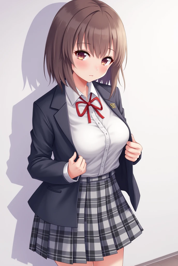 One girl, School Blazer,Checkered Skirt,cute,beautiful girl,ribbon,Quiet,Innocence,Obedience,Unbutton your blazer and shirt,White Bra,Soft looking breasts,Medium chest,Beautiful breasts