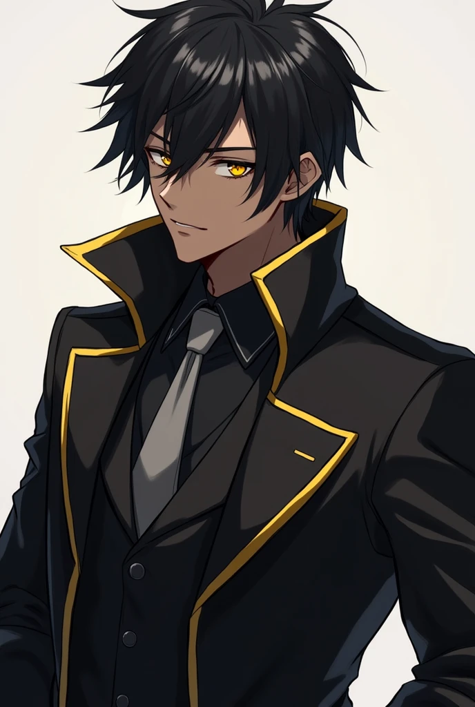 male character, dark haired,black overcoat, yellow details, Black suit with gray tie, dark skin tone, 19yearsold, anime styling