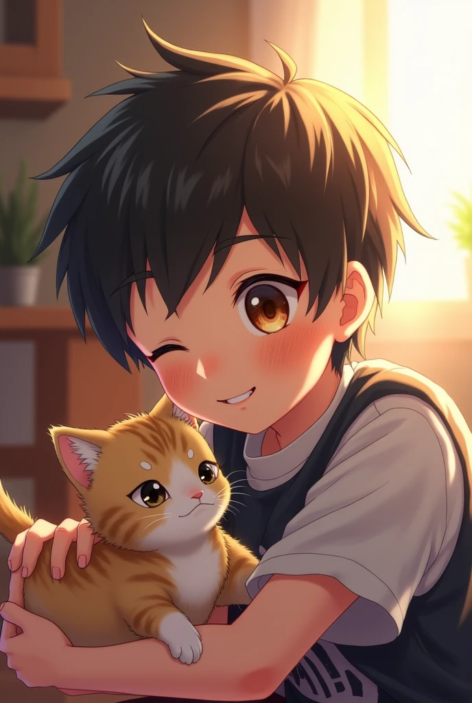 size:1242x2688 pixels,A cool and handsome anime ,There is a ray of sunlight shining in the portrait,Makes hair look layered,Playing with a kitten at home,Center the screen,Smile on your face,colorful,The details are complex and the picture has a hazy feeling,Screen warming,Atmospheric lighting UHD 8k,webp