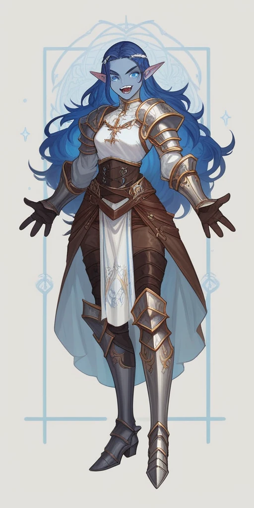 In a seamless blend of features, she possesses blue-azure skin, sharp elf-like ears, and a toned, athletic build. Her prominent fangs and piercing, icy-blue eyes add to her striking appearance. Dark blue hair cascades gracefully to her shoulders. Clad in fully enclosed attire, her outfit is predominantly azure with intricate brown accents and mystical engravings, evoking a medieval fantasy style. Broad, spiked pauldrons, reinforced gauntlets, and sturdy greaves complete her ensemble, highlighting a balance of elegance and otherworldly grace.
