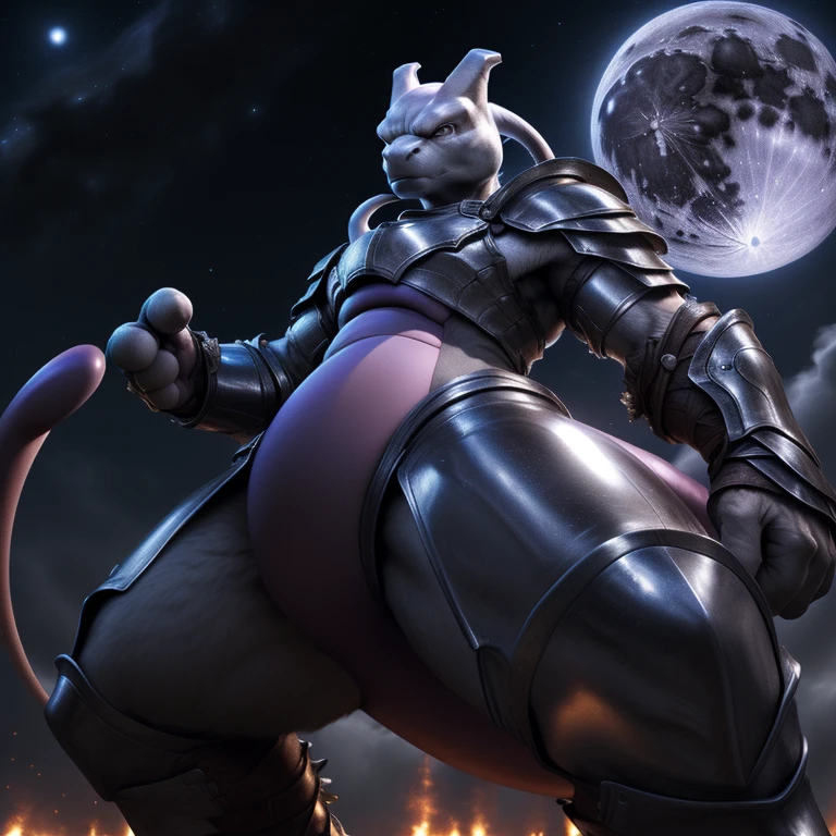 upload on e621, by allandox, anthro, male, detailed realistic painting, (((shaded))), extreme detail, ((mewtwo, pokemon)), ((stoic expression:1.3)), full moon background, full body perspective, ((confident pose:1.2, side perspective:1.2)), ((red and silver steel armor:1.3))