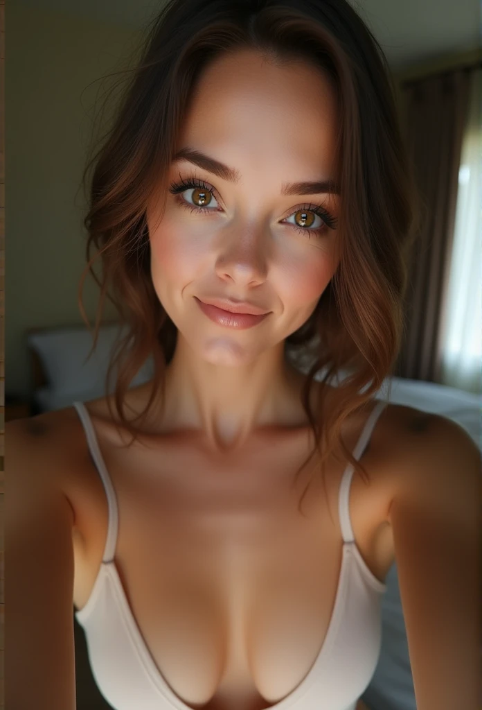 A woman in her fifties wearing a tank top and panties, Sexy girl with brown eyes, Portrait of Sophie Mudd, Brown hair and big eyes, Young woman taking a selfie, Bedroom Eyes, Violet Myers, Without makeup, Natural Makeup, Look straight into the camera, Artgram Faces, Subtle makeup, Great half body shot, In the bedroom, Cleavage