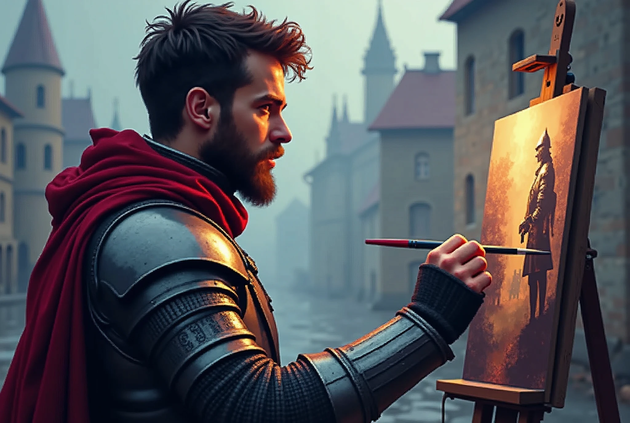 A male painter in pixelated form creating a medieval knight with his technological paintbrush