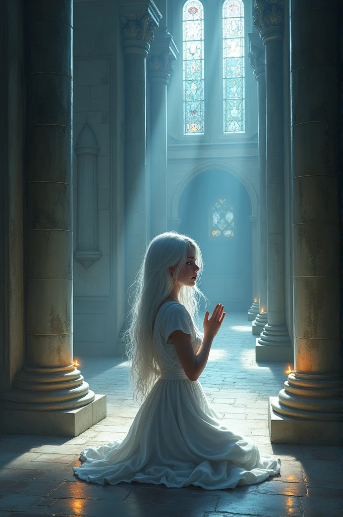 A white-haired girl with violet-colored eyes prays and cries in a sept