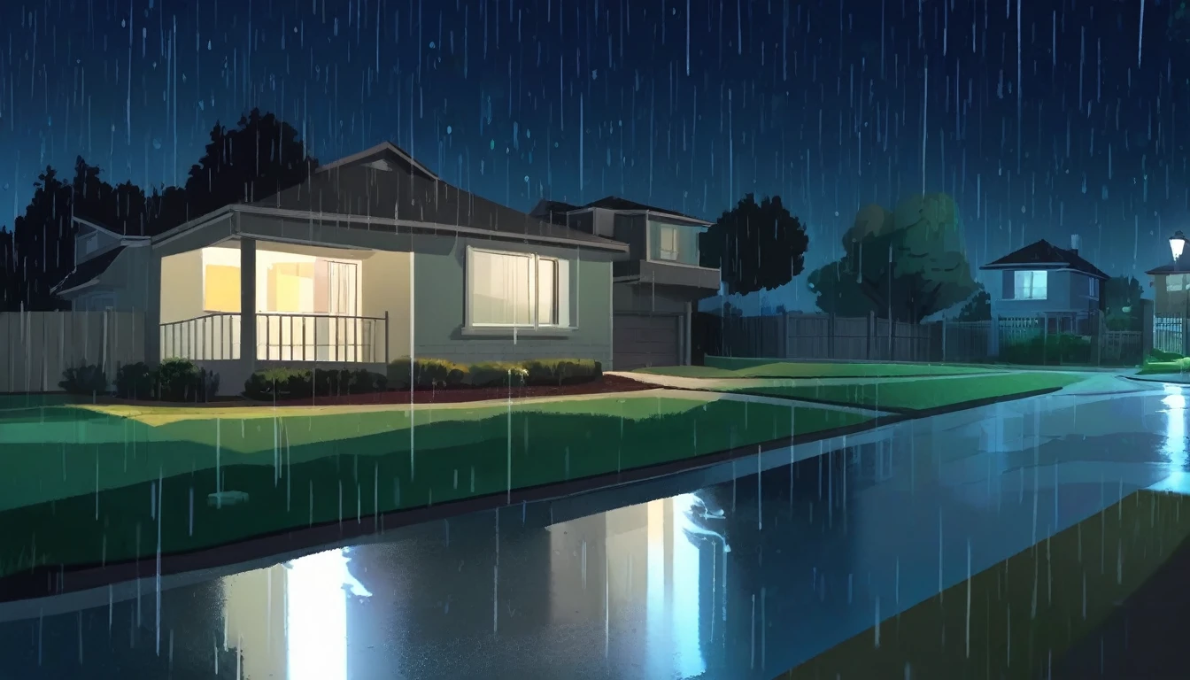 SVFONT, cartoon, masterpice, echo creek high city, suburban neighborhood, backyard, low angle view, rain, night