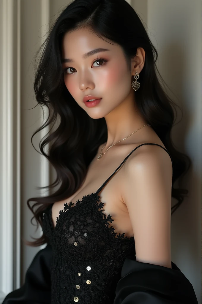 create a beautiful korean girl black hair brown eyes with a beautiful elegant black dress very revealing and a perfect body