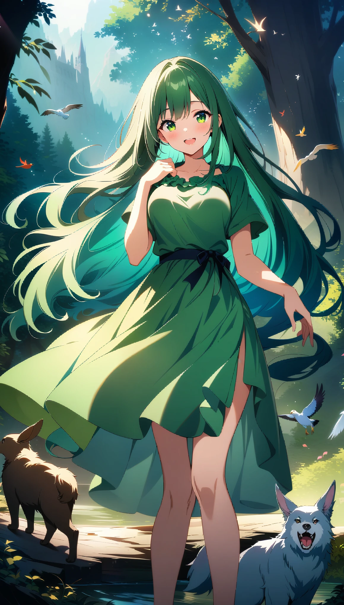 1 girl, beautiful girl, green hair, very long hair, Hair floating, green eyes, Laugh happily, green dress, Mysterious Forest, cowboy shot, bird, rabbit, Wolf, Bear, ((32K)), ((best quality)), ((ultra high res)), ((HDR)), ((uhd)), ((extremely detailed CG)), ((unity 32K wallpaper)), ((perfect anatomy)), (((illustration))), (((anime colored))),