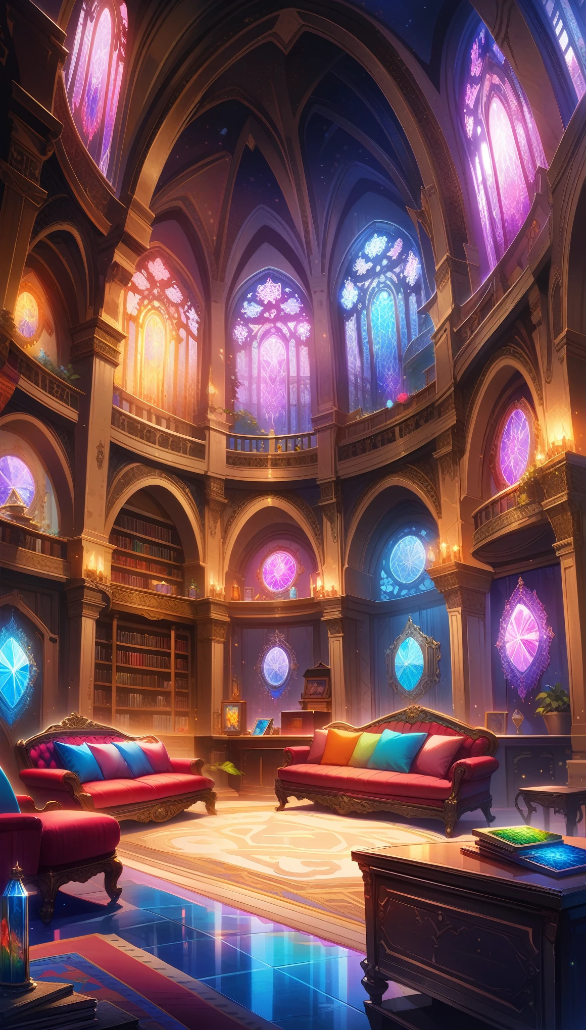 A vibrant, detailed digital painting of an enchanted room filled with magical blue and purple crystal objects, tarot cards, amulets, runes on the walls, shelves, tables, couches, windows, magical artifacts like glowing crystals, ornate wooden furniture. The color scheme is vivid and striking, creating a dreamy atmosphere. colorful illustrations, highly detailed, high resolution, natural lighting, sharp focus, highly detailed illustration, high definition, in the style of octane rendering, hyper realistic. --ar 3:4 --niji 6,