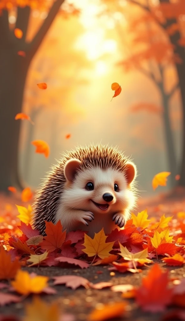 A cute and charming hedgehog character is playfully diving into a pile of autumn leaves. The hedgehog, with a joyful expression and its tiny paws spread wide, leaps into the air before landing in a soft, colorful heap of red, orange, and yellow leaves. The leaves rustle and scatter around the hedgehog as it burrows into the pile, only its little face and quills peeking out as it giggles with delight. The scene is set in a forest clearing, where the ground is covered in fallen leaves and the trees above are ablaze with autumn colors. The sunlight filters through the branches, casting a warm, golden glow over the playful moment. This heartwarming scene captures the hedgehog’s playful spirit and the simple joy of an autumn day, highlighting its love for fun and the beauty of the season.