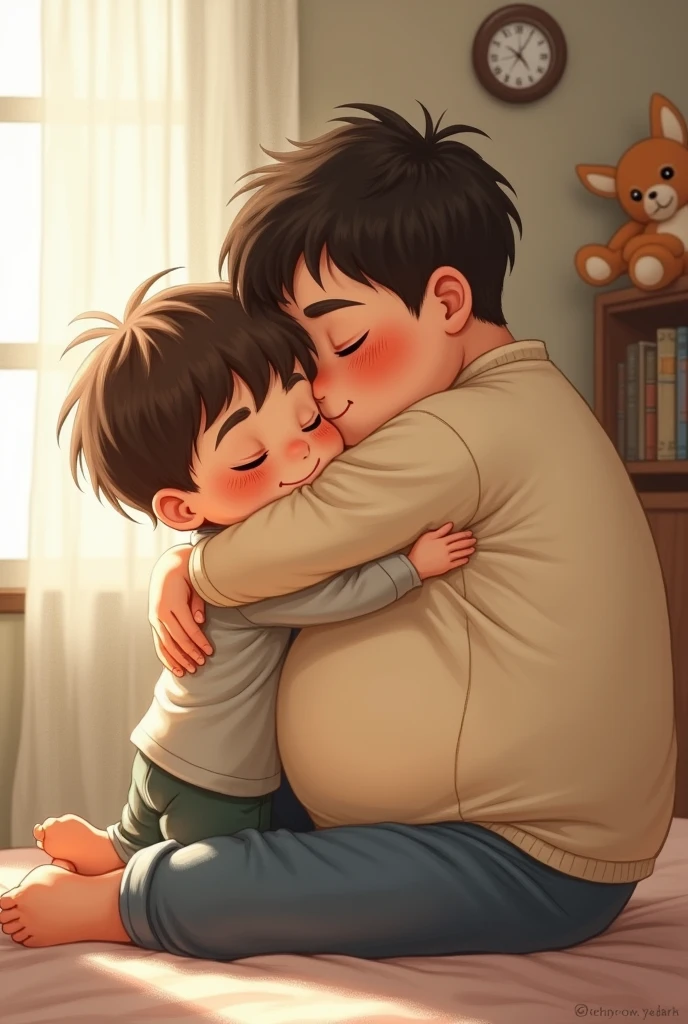 A short boy with a feminine appearance hugging a tall chubby boy