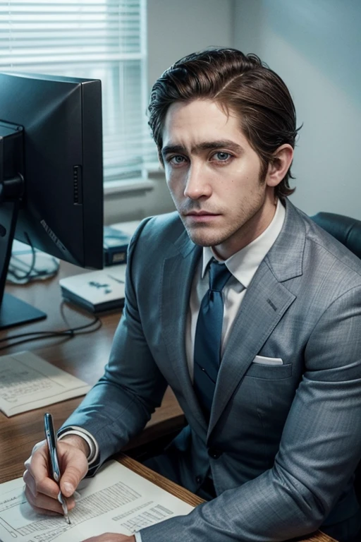 Jake gyllenhaal with short dark brown hair slicked back, wearing light blue suit with dark yellow tie in an office.