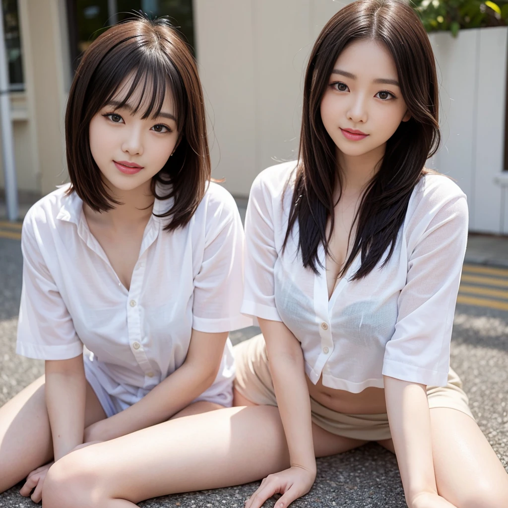 Laugh at seeing this,View here,Delicate body,tilt your face slightly,white-skinned,Korean beauty, crossedlegs, extra detailed body,young,White hair, Realistic and detailed faces,Shy face,The upper part of the body,smirking,girl with,girl,short-hair,((top-quality、8k、masterpiece:1.3))、sharp:1.2、Perfect Body Beauty:1.4、Slim abs:1.2、((Layered Hair Style:1.2))、(Wet white button long shirt:1.1)、(Rain、Street:1.2)、Wetty:1.5、Highly detailed facial and skin texture、A detailed eye、double eyelid、Aspect of looking at the camera, nude