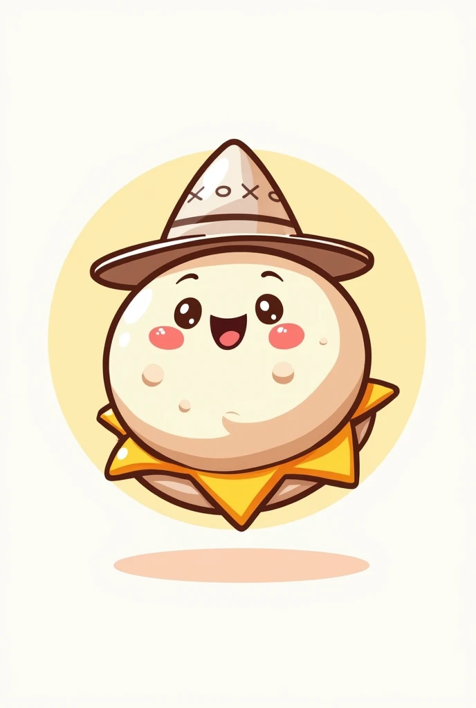 Logo of a round white arepa with Colombian cheese, cartoon style, with a white Aguadeño hat, happy, all on white background 