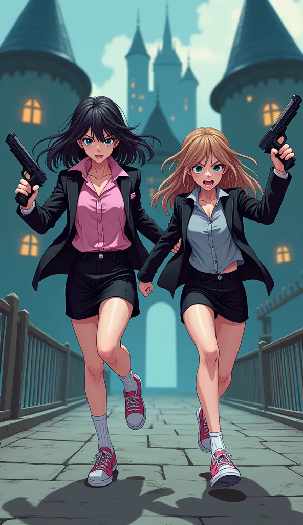 Two girls, yuri,(The first girl wear a pink shirt, black suit, black pencil skirt, black underpants, white socks, pink sneakers) and (The second girl wore a grey shirt, black suit, black pencil skirt, black underpants, white socks, grey sneakers) holding a handguns, escape of the vampire, running to the bridge of vampire castle, angry eyes, smile, novel cartoon, 4K, HD