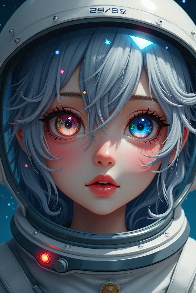 (Close-up of a better masterpiece:1.5)0.9], (Space and astronauts:1.2) (Messy silver hair:1.1) (Heterochromia xanthochromia and blue eyes:1.2) (Space Helmet:1.0) (Colored stars in the eyes:1.0) (A radiant glow:1.1) (thick lips:0.9)