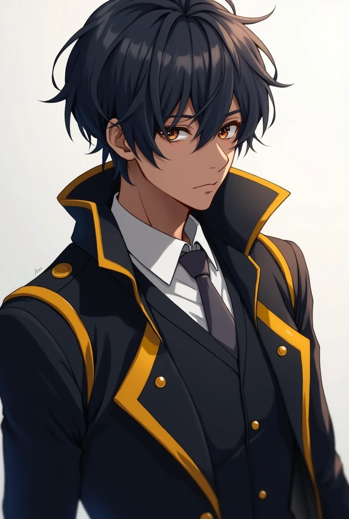 male character, dark haired,black overcoat, yellow details, Black suit with gray tie, dark skin tone, 19yearsold, anime styling