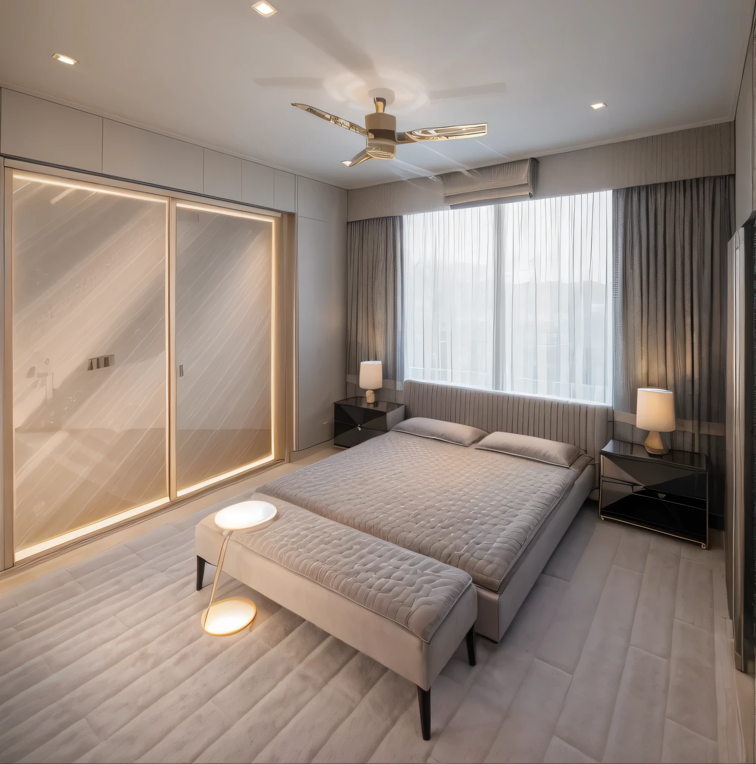 in the night, nice lighting,
luxurious bedroom interior design, luxury interior, luxurious bed,tufted carpet, large glass window with gray drapes, natural light, softlight, (flat white ceiling),masterpiece, realistic, high quality, potted plants