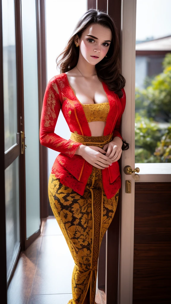 (Emma Watson) RAW photo, (best quality, 8k, 32k, masterpiece, UHD:1.2), ultra high resolution, (pretty a teen girl of 18 years old), (tight red kebaya), large breasts, Long Hair, cleavage