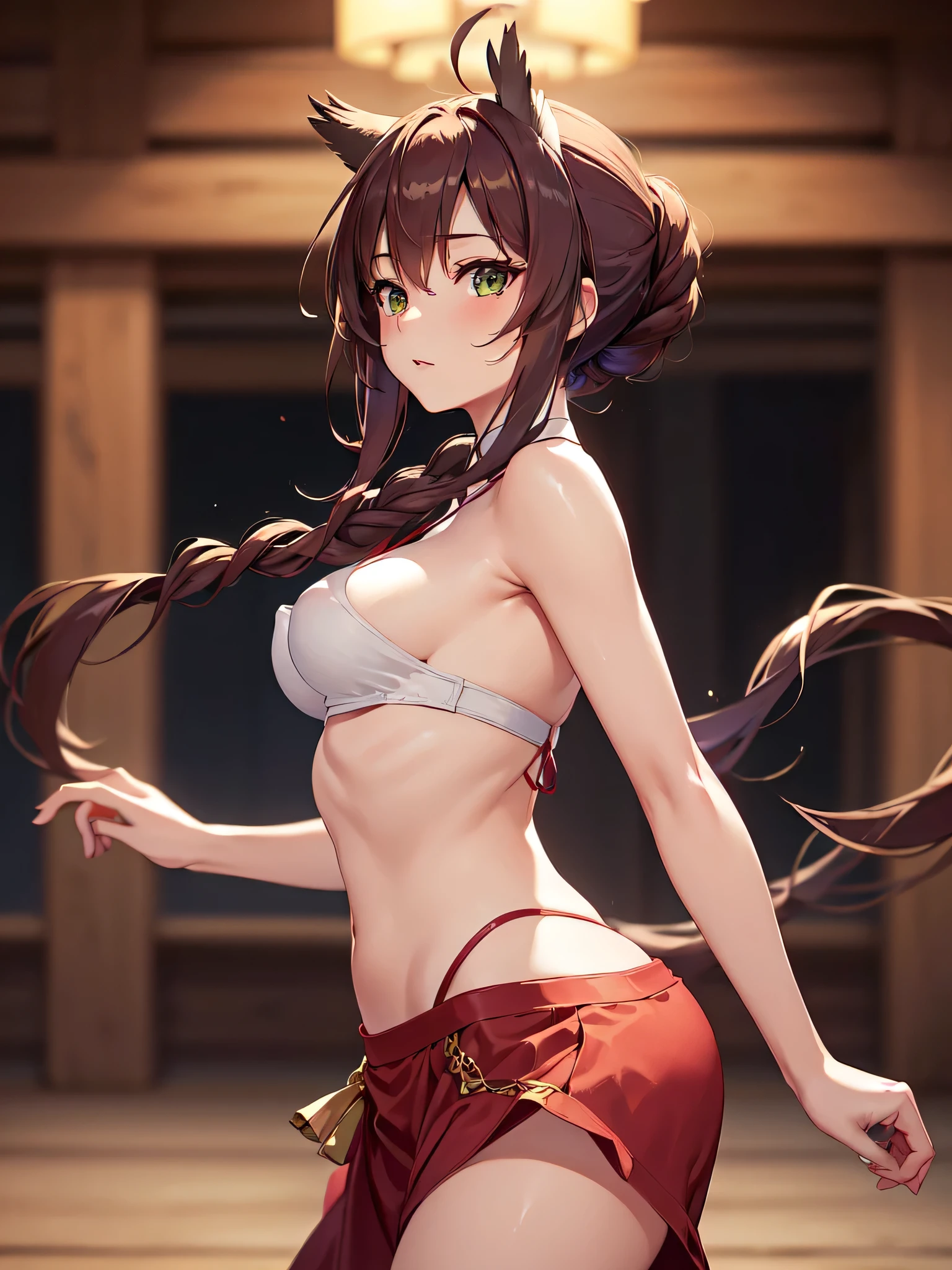 (female): solo, (perfect face), (detailed outfit), (20 years old), dancer, (owl ears), seductive, alluring expression, (dancing), red-violet hair, long hair, braided hair, green eyes, light skin, medium chest_circumference, arabian dancer costume, red skirt, finger cymbals (background): from side, indoor, medieval tavern, wooden tables, patrons, evening, candlelight (effects): (masterpiece), (best quality), (sharp focus), (depth of field), (high res),(all realistic intricate details)